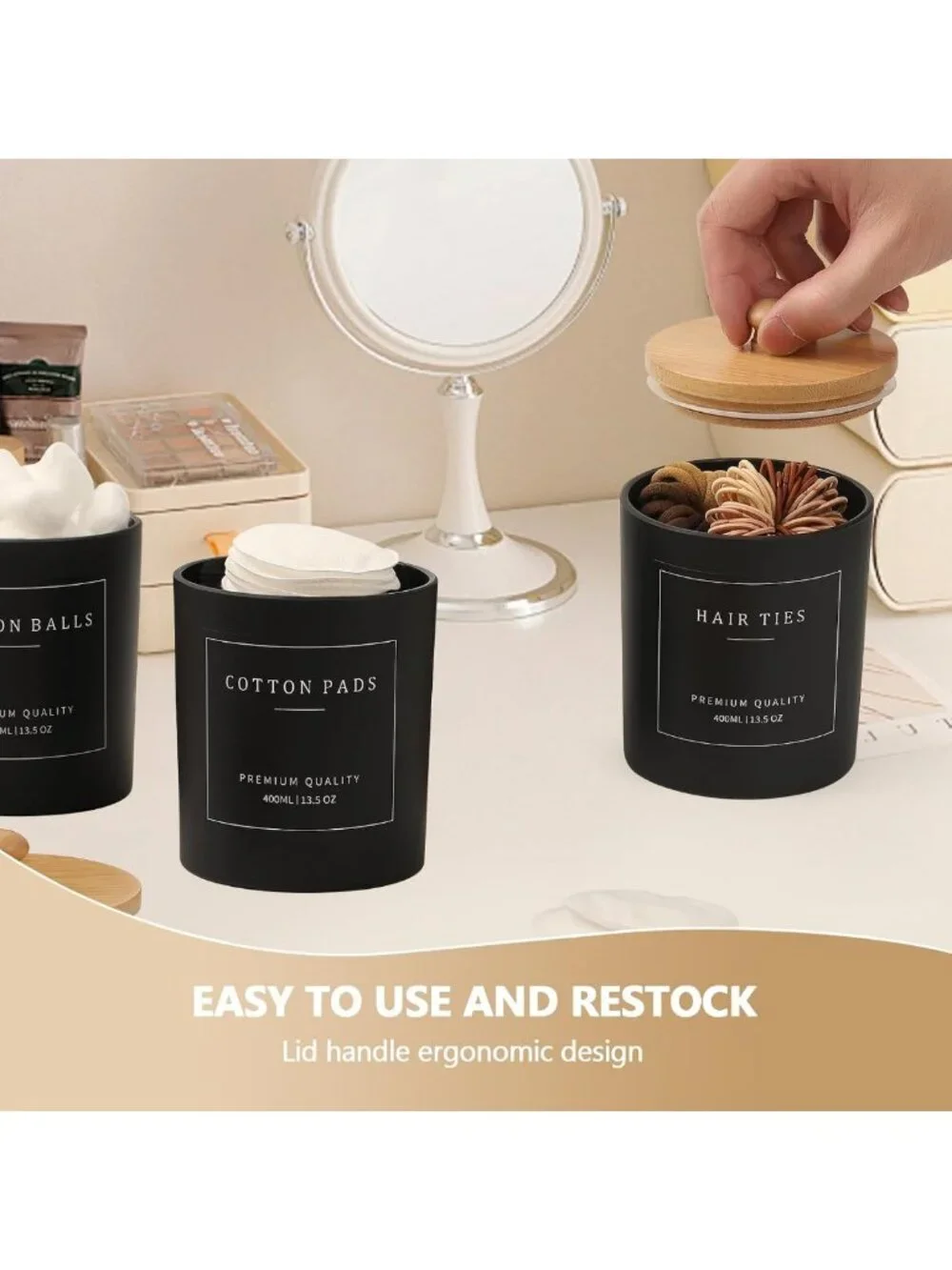 3 Pack Bathroom Organizer Set - Glass Jars with Lids, Cotton Pad & Floss Holder